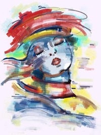 a painting of a woman in a colorful hat